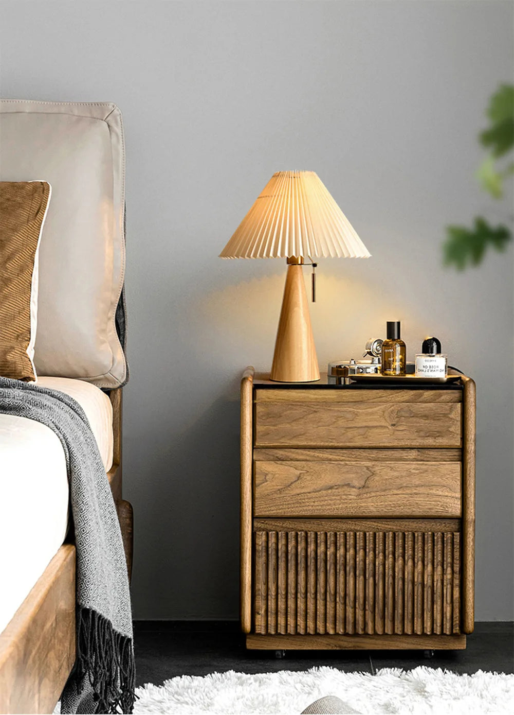 Solid Wood Table Lamp with Pleated Shade