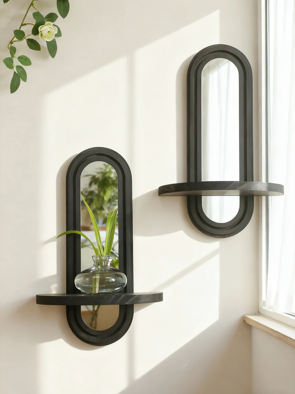 Black Arched Wall Mirror with Shelf