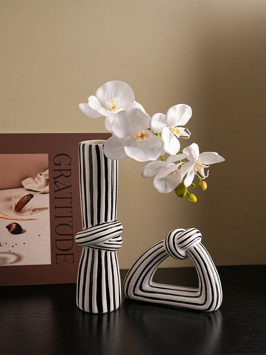 Black & White Striped Ceramic Knot Vase