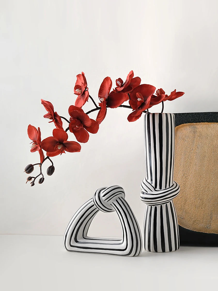 Black & White Striped Ceramic Knot Vase
