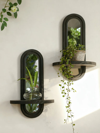 Black Arched Wall Mirror with Shelf
