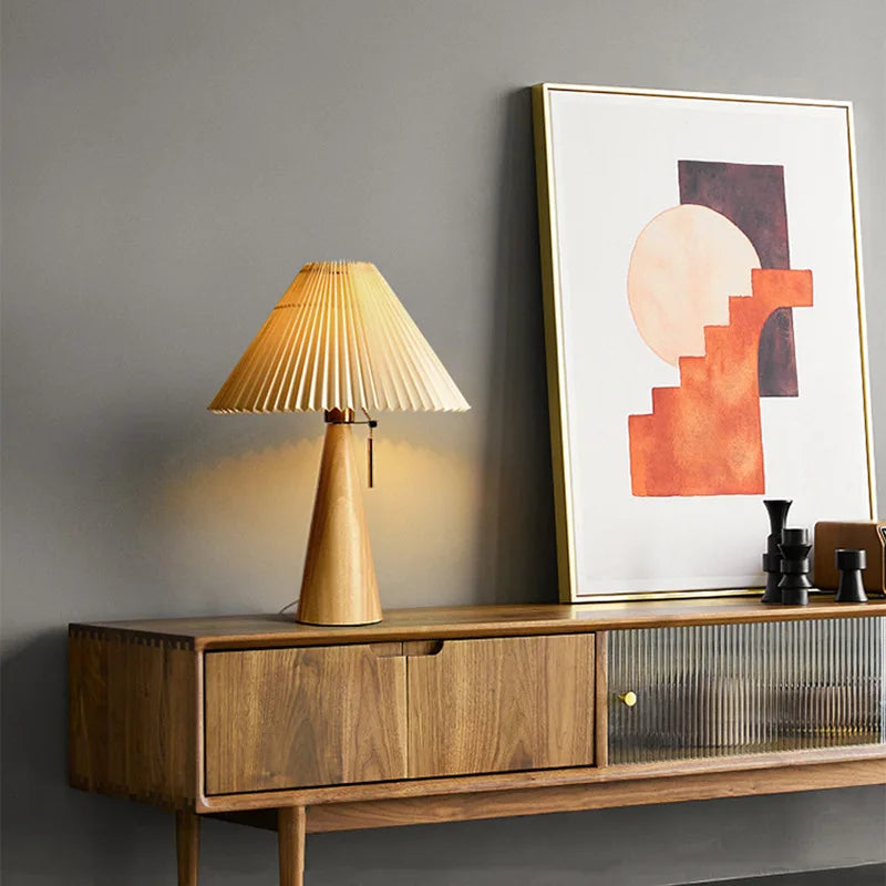 Solid Wood Table Lamp with Pleated Shade