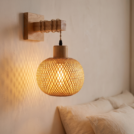 Bamboo globe plug-in wall sconce displayed in a warm modern interior