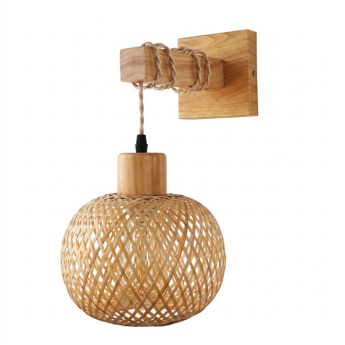 Bamboo globe plug-in wall sconce on a white background