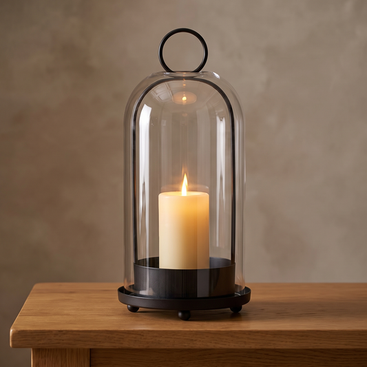 Black glass dome candle lantern displayed in a warm modern interior