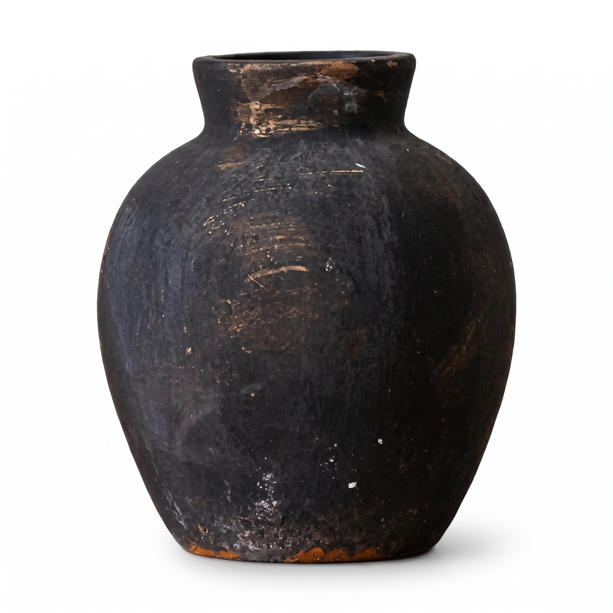 Black wabi-sabi ceramic jar on a white background