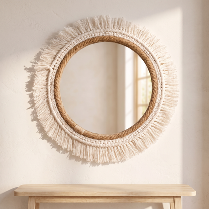 Boho macrame fringe round wall mirror displayed in a warm modern interior