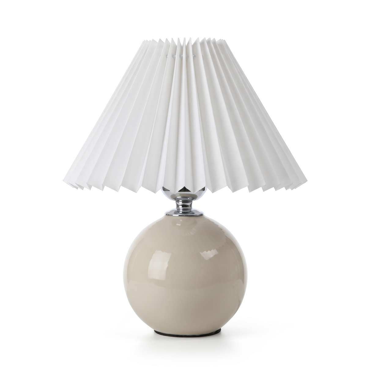 Ceramic lamp with pleated shade – Beige Base, White Shade, on a white background