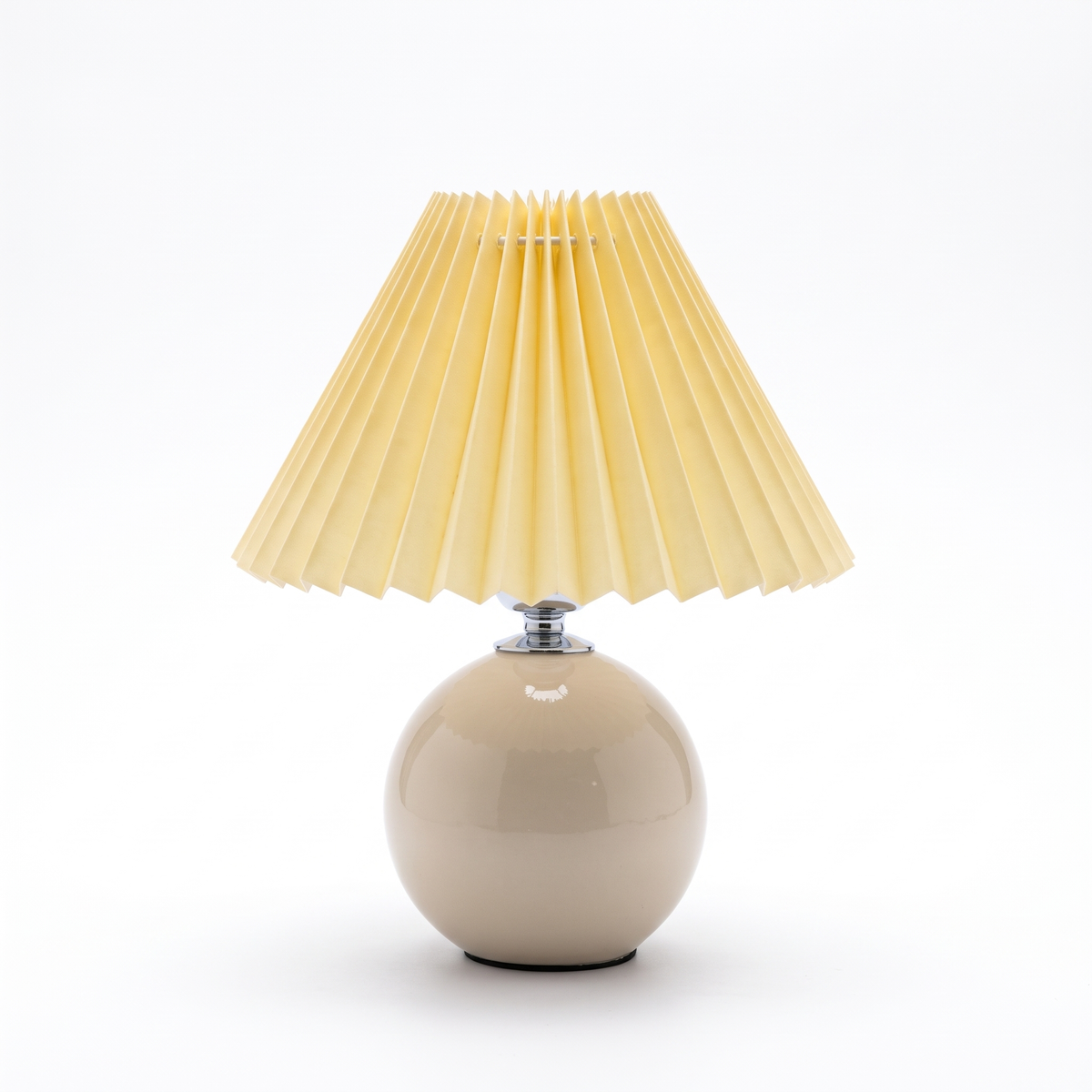 Ceramic lamp with pleated shade – Beige Base, Yellow Shade, on a white background