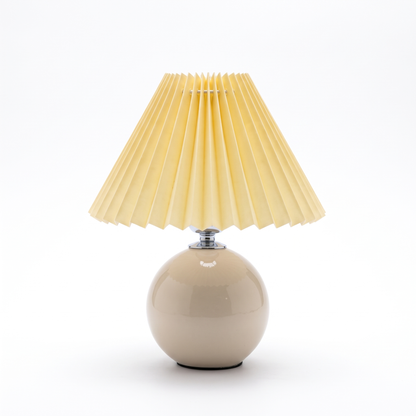 Ceramic lamp with pleated shade – Beige Base, Yellow Shade, on a white background