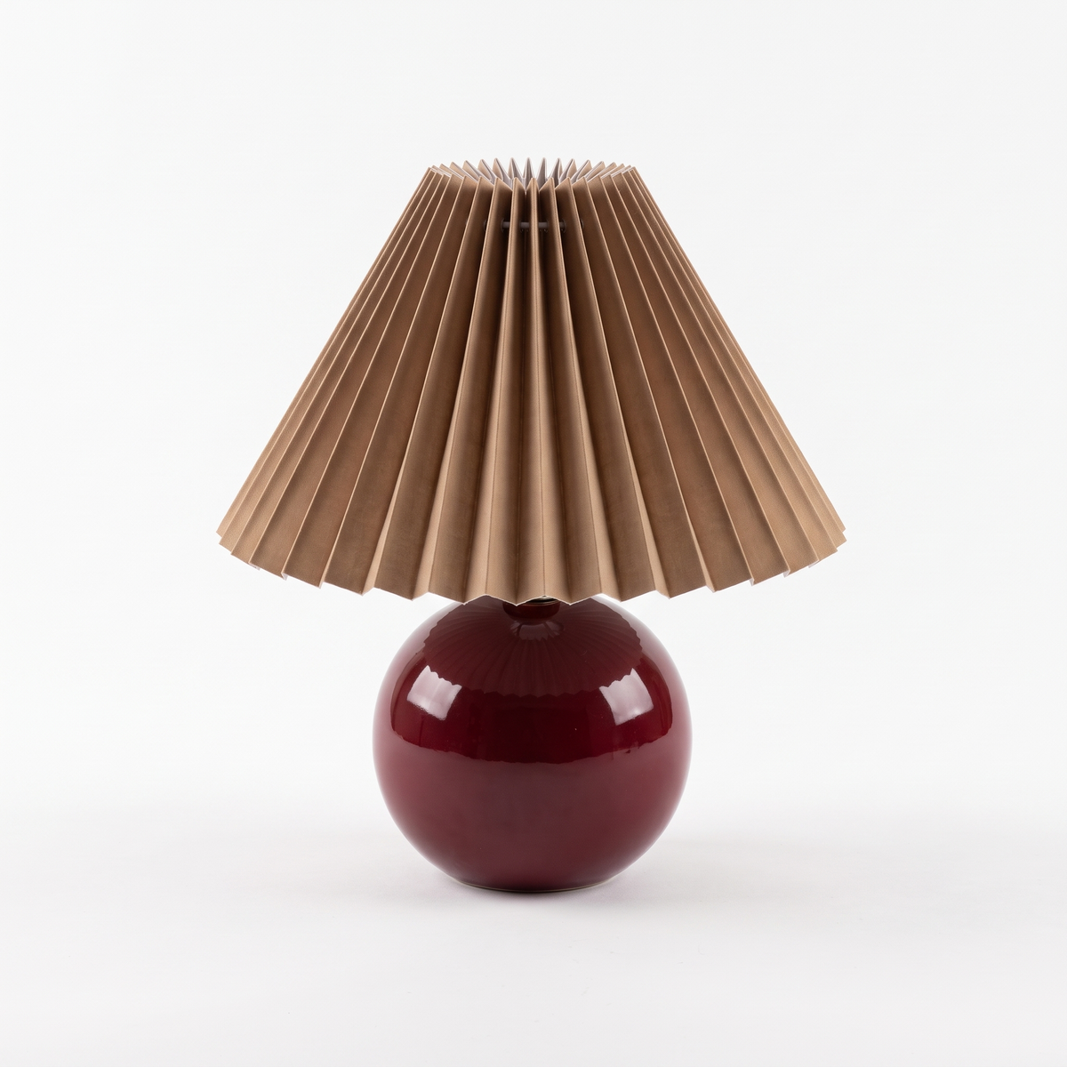 Ceramic lamp with pleated shade – Burgundy Base, Coffee Shade, on a white background