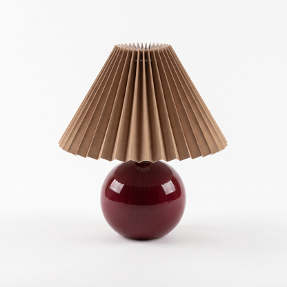 Ceramic lamp with pleated shade – Burgundy Base, Coffee Shade, on a white background