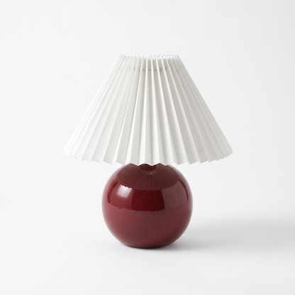 Ceramic lamp with pleated shade – Burgundy Base, White Shade, on a white background