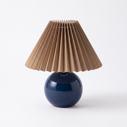 Ceramic lamp with pleated shade – Navy Base, Coffee Shade, on a white background