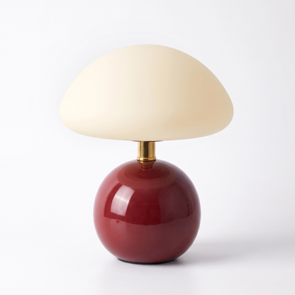 Ceramic mushroom lamp with glass dome – Burgundy, on a white background