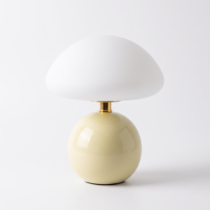 Ceramic mushroom lamp with glass dome – Cream, on a white background