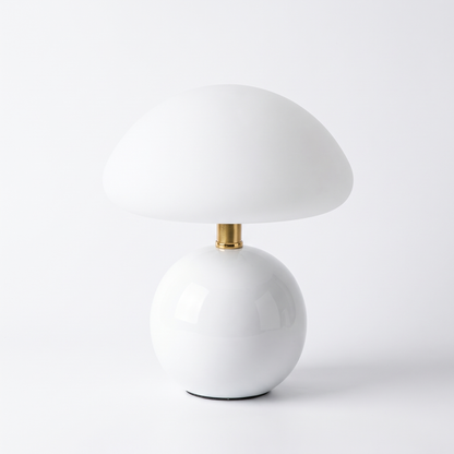 Ceramic mushroom lamp with glass dome – White, on a white background