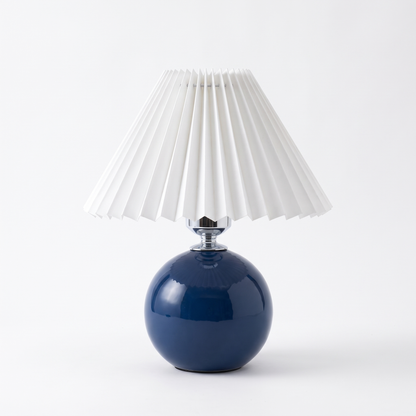 Ceramic table lamp with pleated shade – Navy Base, White Shade, on a white background