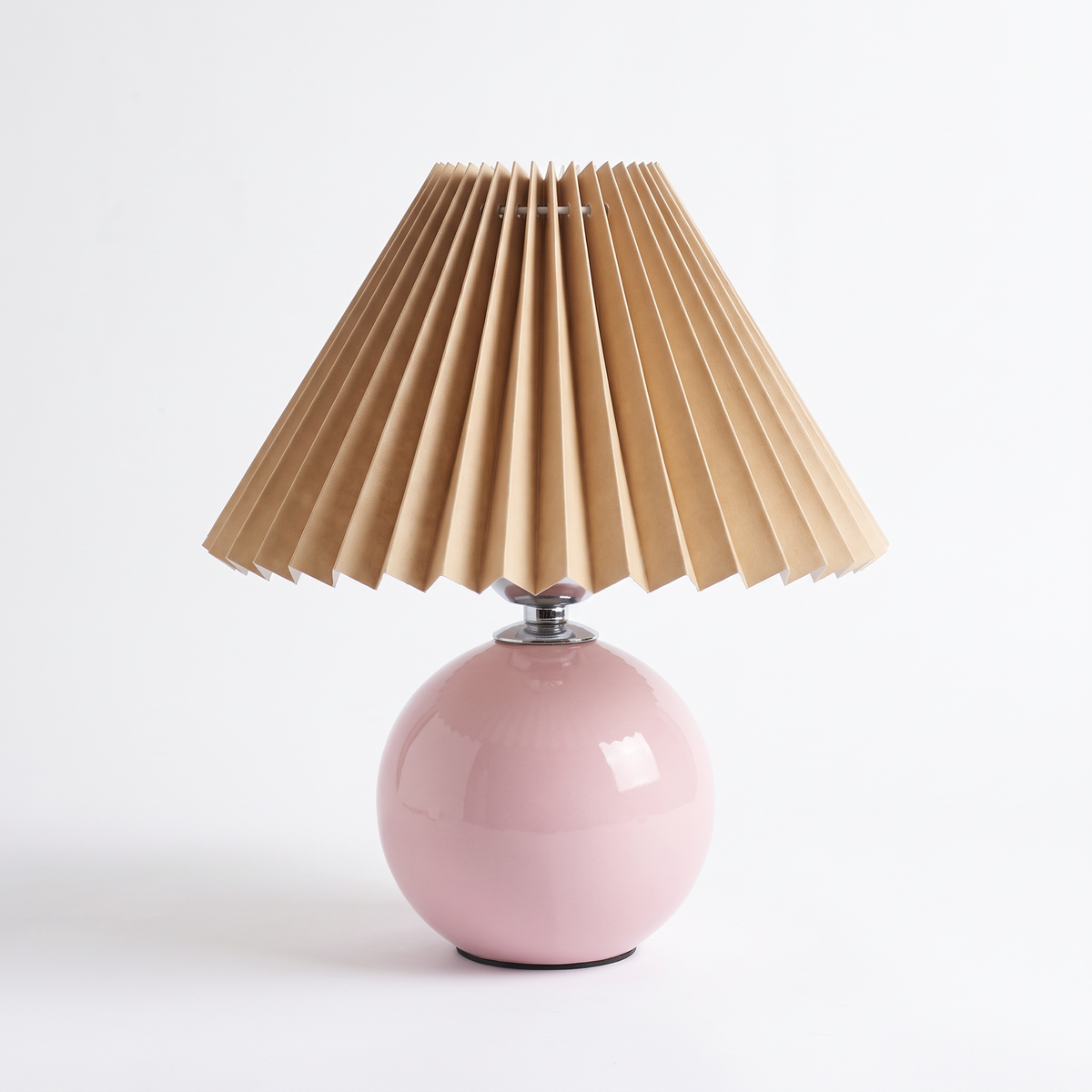 Ceramic table lamp with pleated shade – Pink Base, Coffee Shade, on a white background
