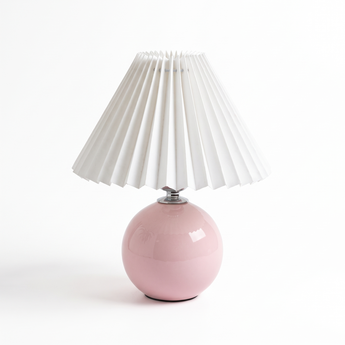 Ceramic table lamp with pleated shade – Pink Base, White Shade, on a white background