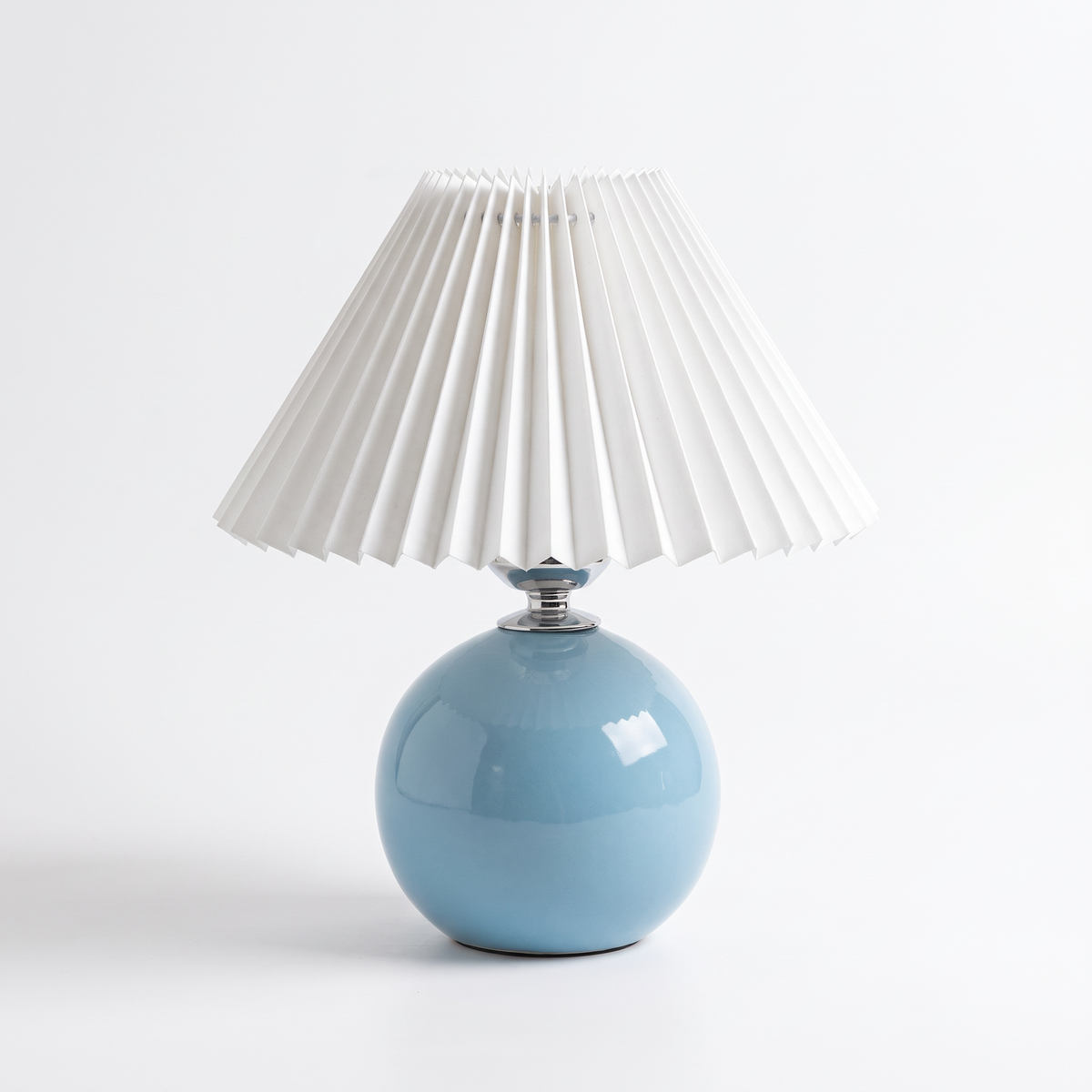 Ceramic table lamp with pleated shade – Sky Blue Base, White Shade, on a white background