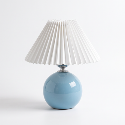Ceramic table lamp with pleated shade – Sky Blue Base, White Shade, on a white background