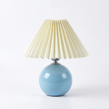 Ceramic table lamp with pleated shade – Sky Blue Base, Yellow Shade, on a white background