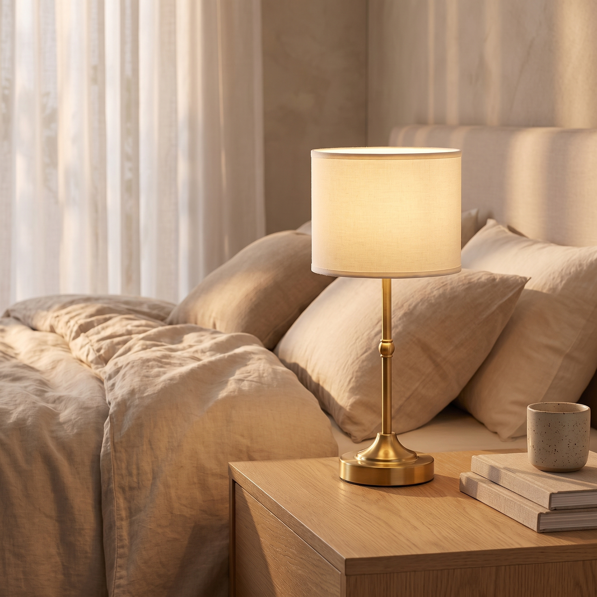 Cordless rechargeable table lamp glowing on an oak bedside table in a calm bedroom
