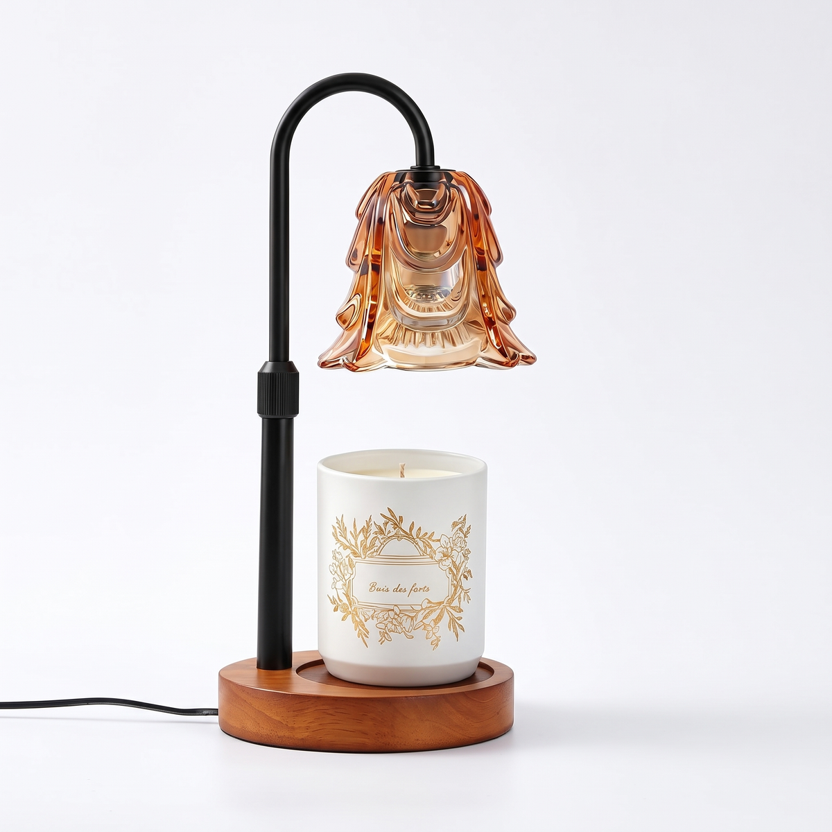 Flower candle warmer lamp – Black with Amber Flower Shade, on a white background