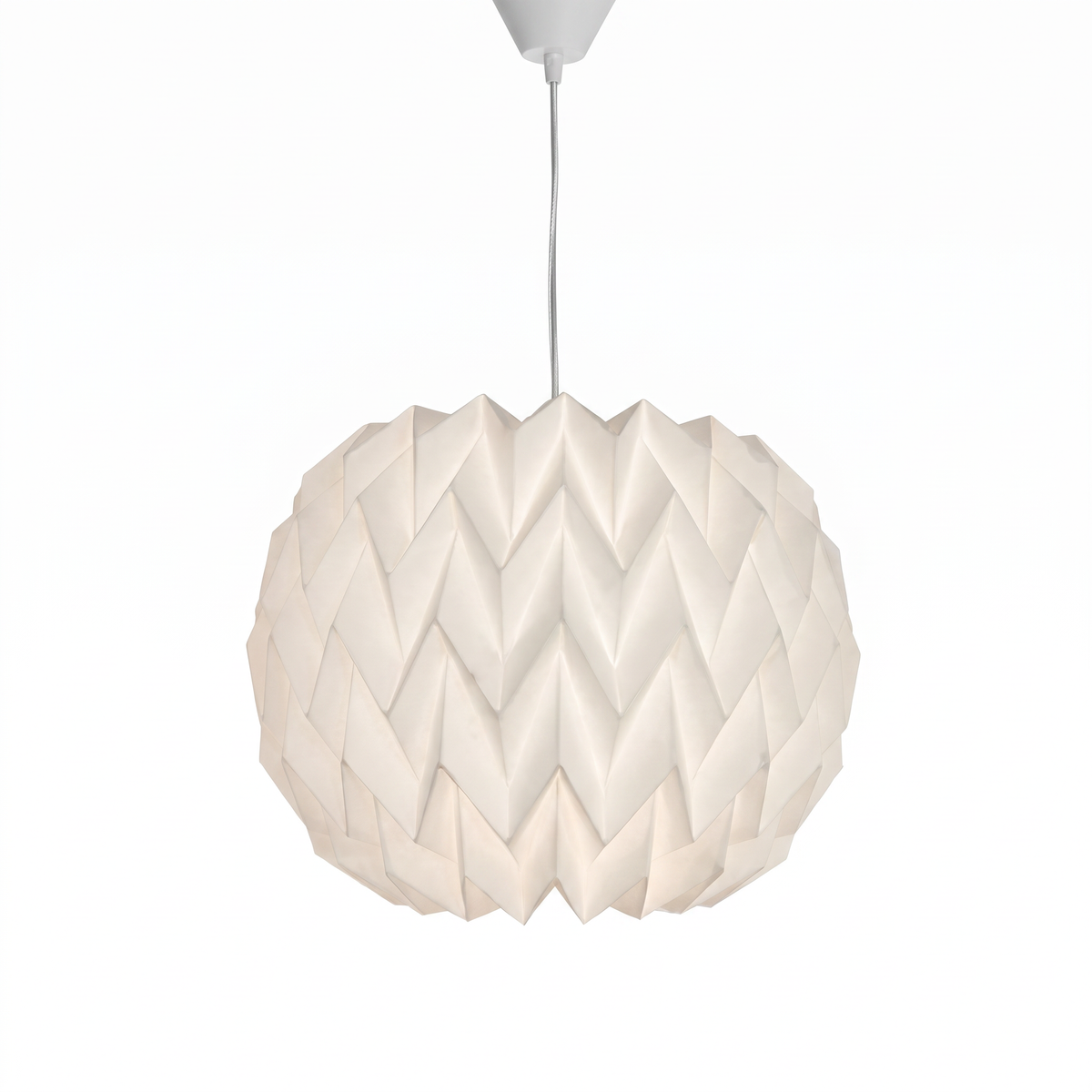 Folded paper pendant lampshade – Zigzag Globe, on a white background