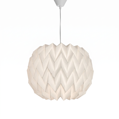 Folded paper pendant lampshade – Zigzag Globe, on a white background