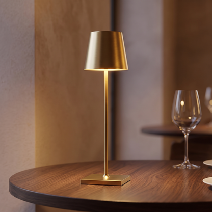 Gold cordless table lamp displayed in a warm modern interior
