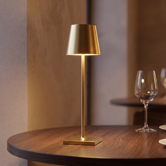 Gold cordless table lamp displayed in a warm modern interior
