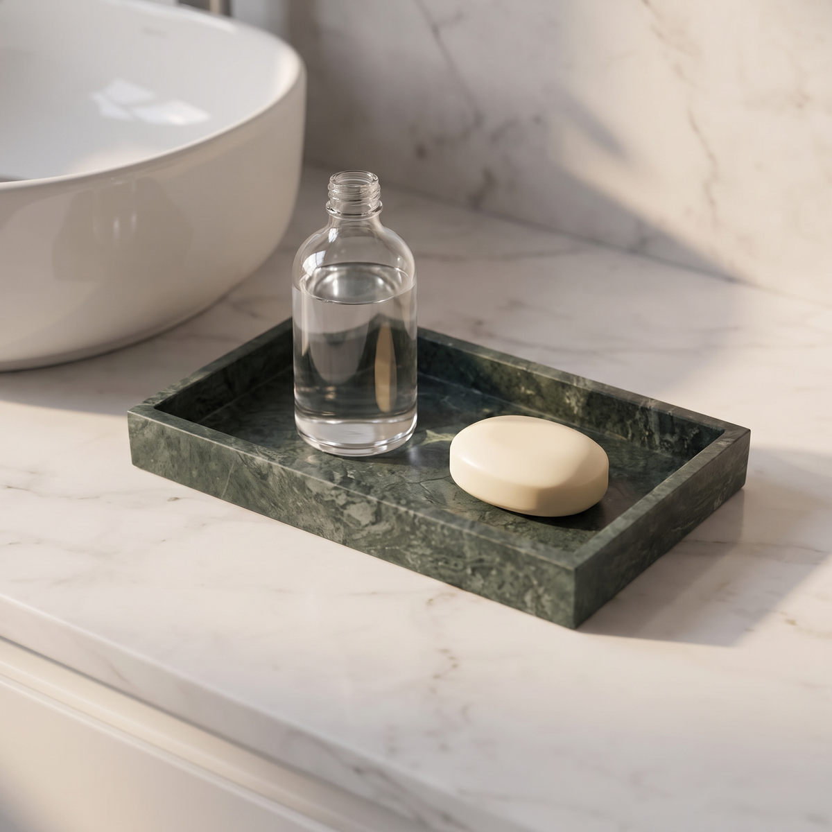 Green marble rectangular tray displayed in a warm modern interior