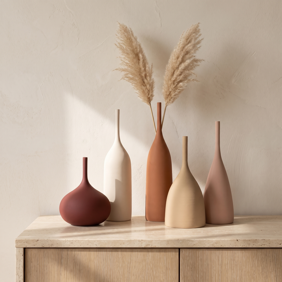 Handmade Morandi ceramic vases grouped on a travertine sideboard with dried pampas