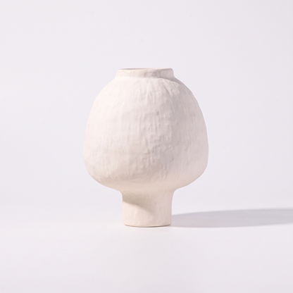Handmade stoneware pedestal vase – Ivory, on a white background