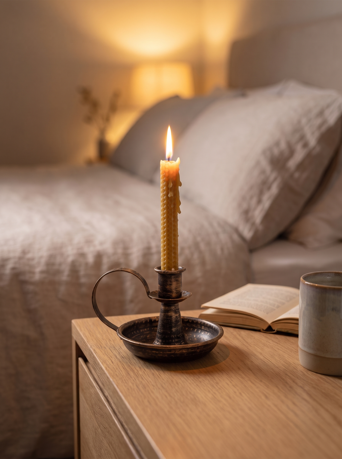 Candle holder with lit candle on a bedside table
