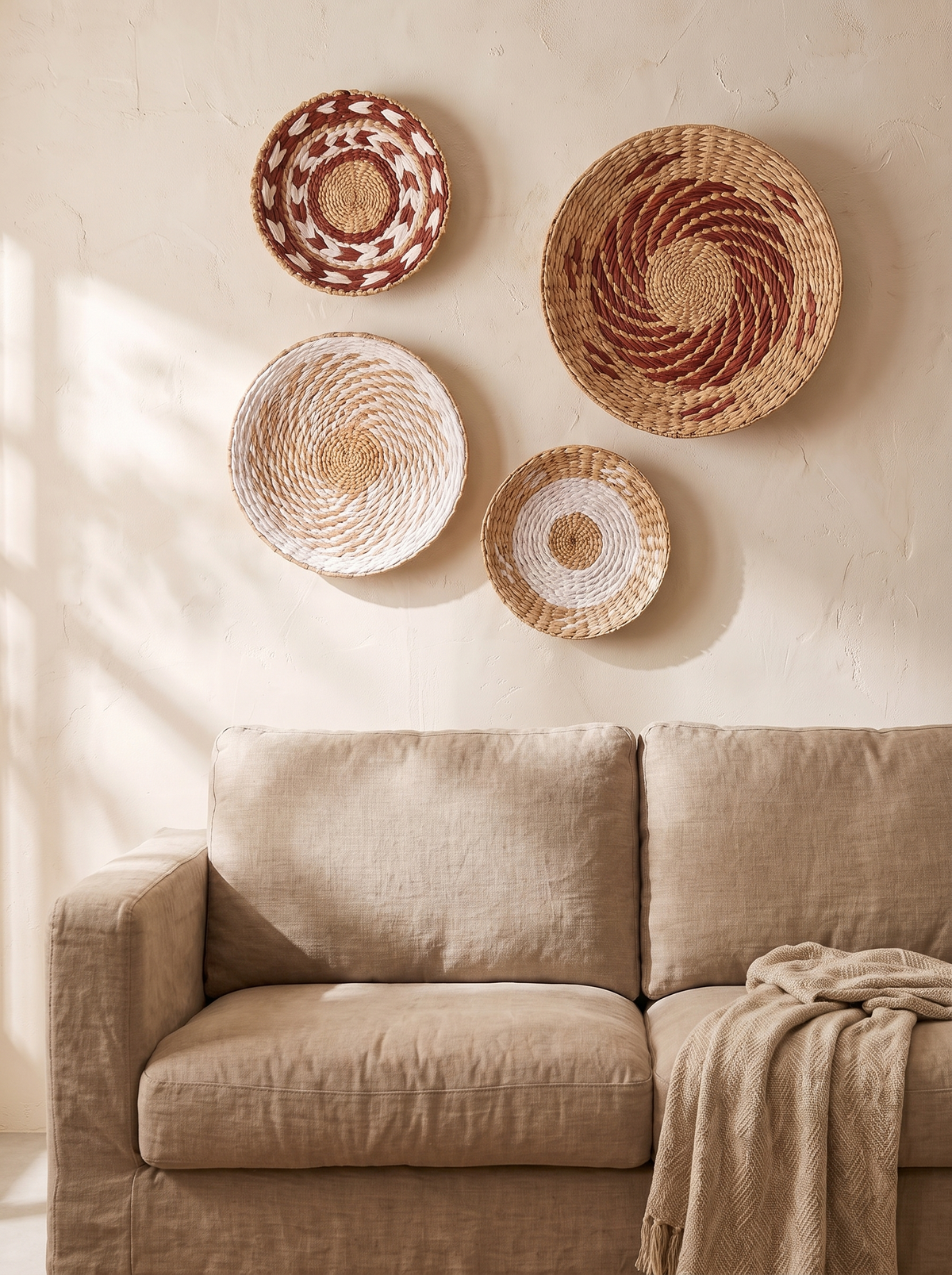 Group of woven wall baskets above a sofa