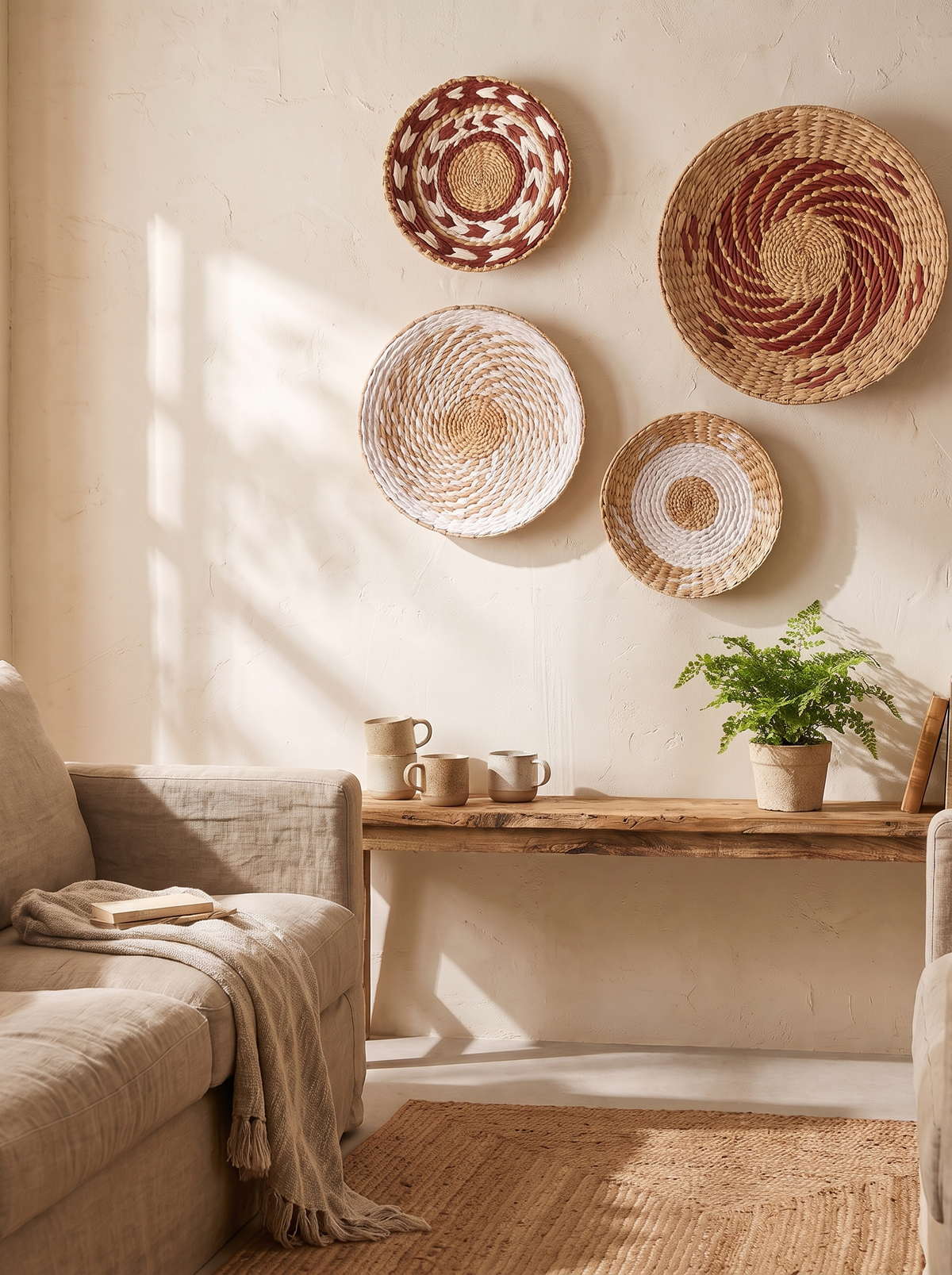 Woven seagrass wall baskets hung as wall art