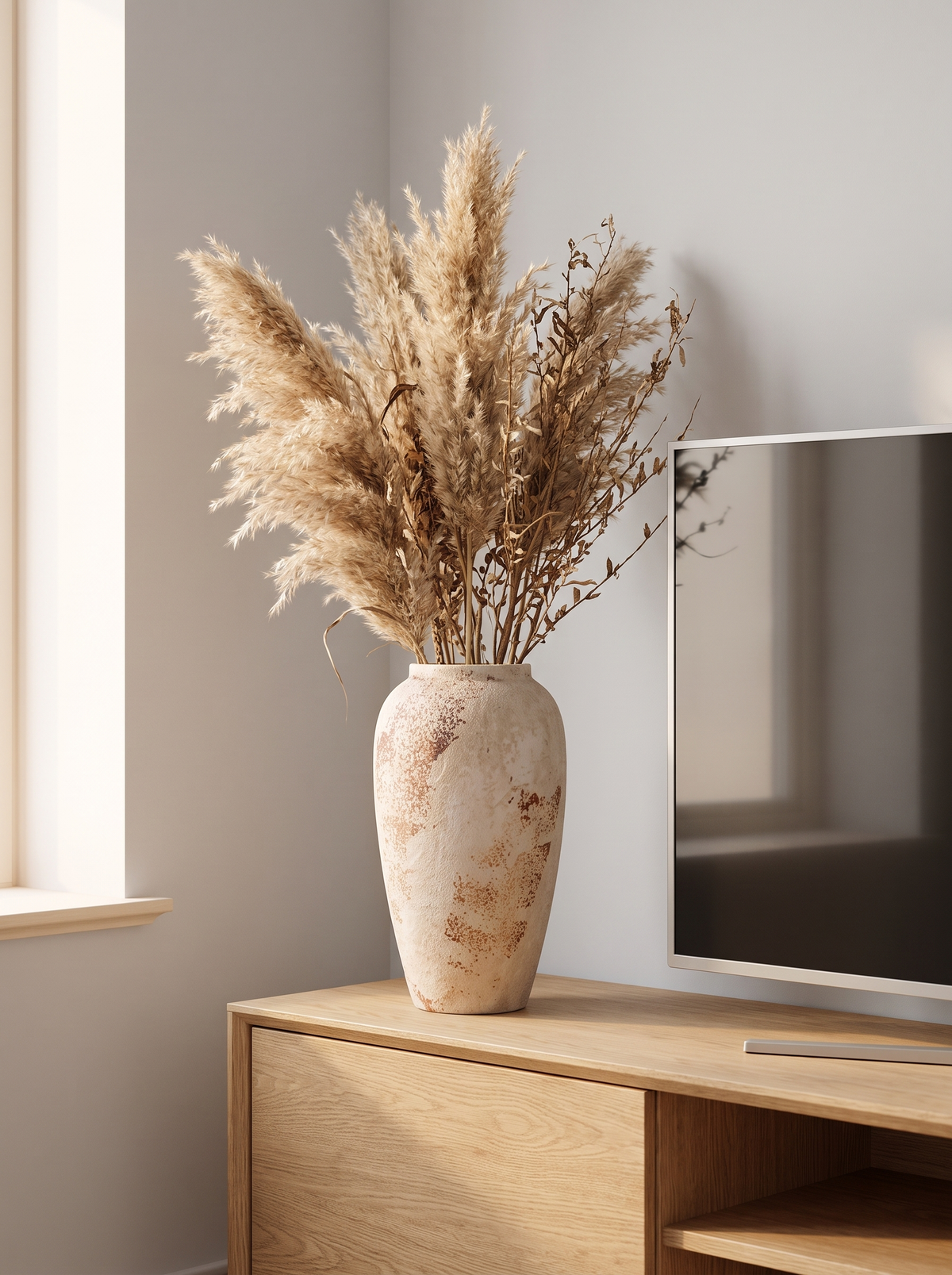 Large ceramic vase holding dried branches
