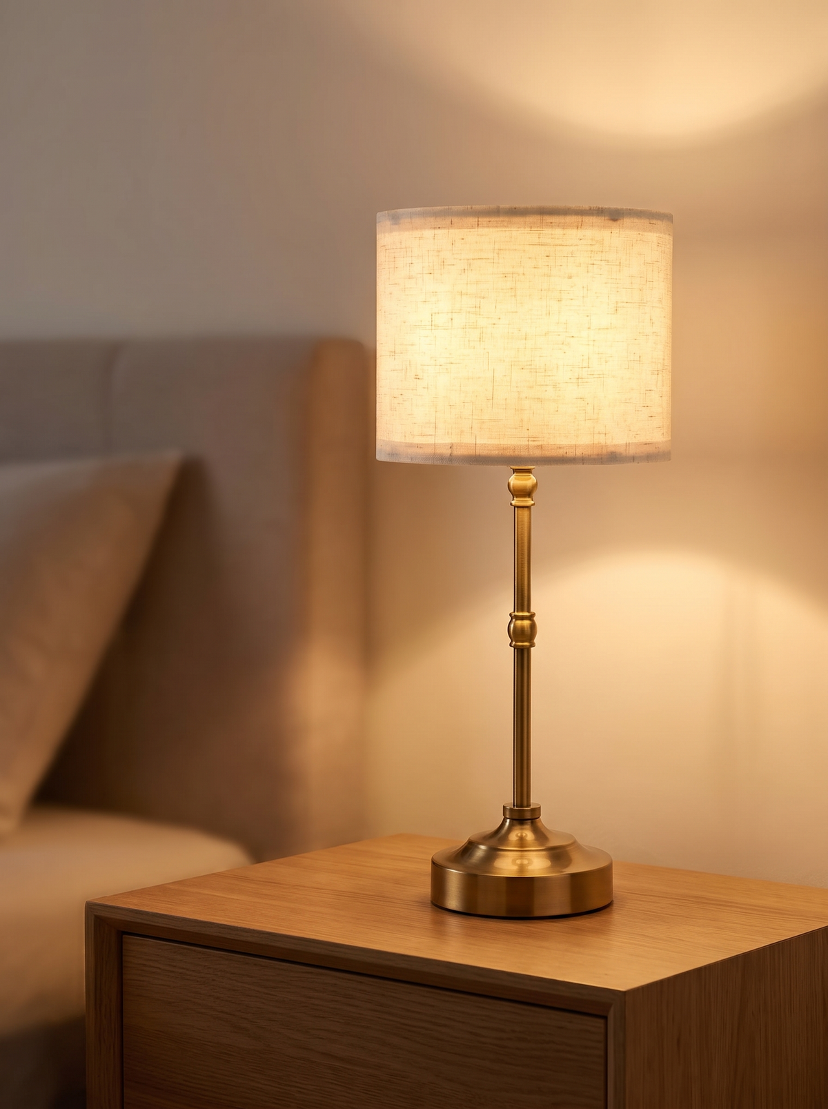 Cordless fabric table lamp glowing on a bedside table