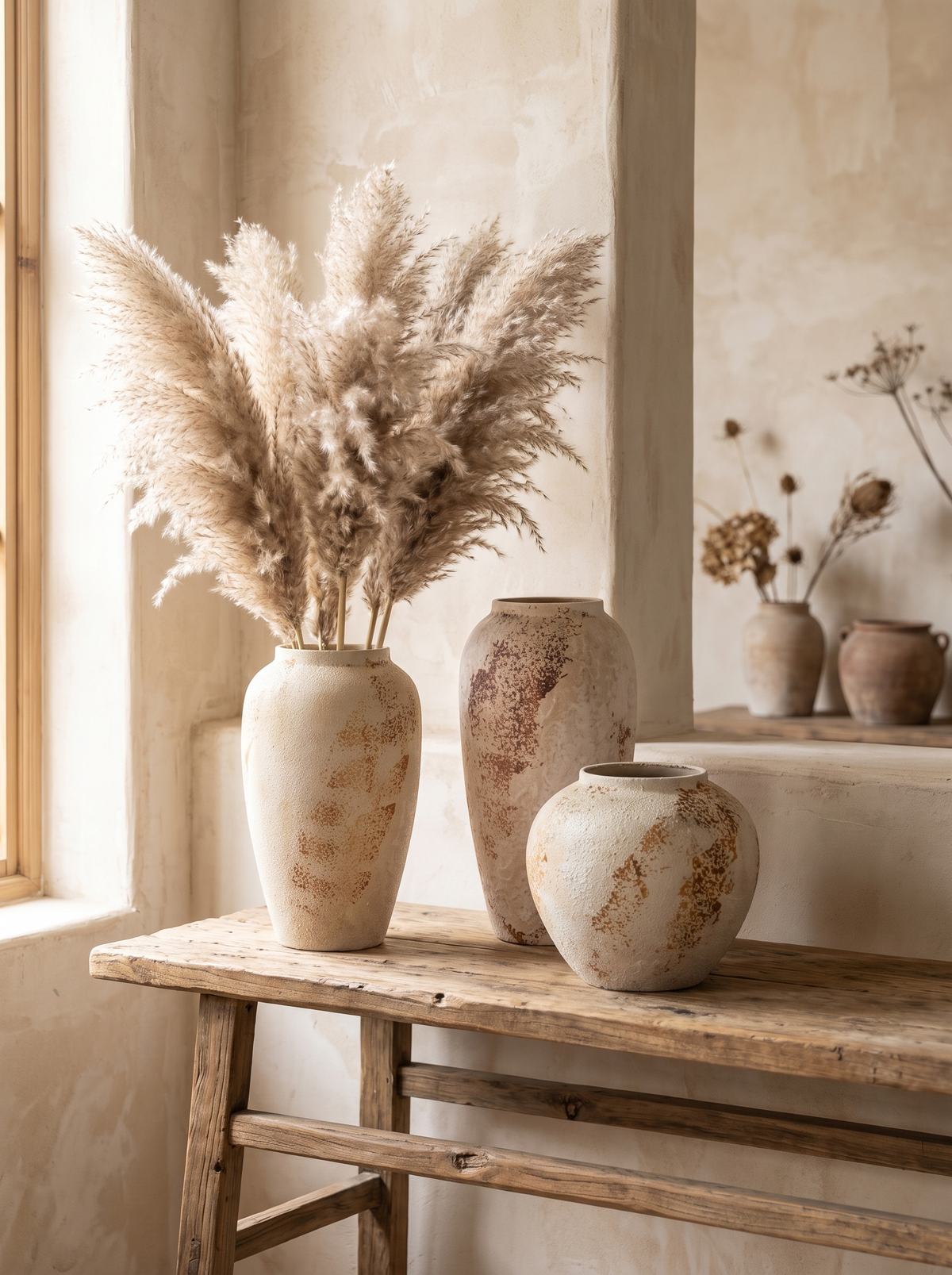 Wabi sabi ceramic vase on a wooden console