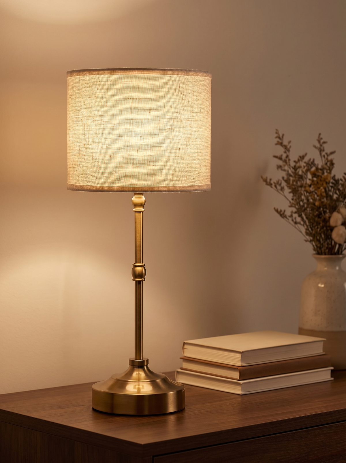Close view of a lit fabric lamp shade