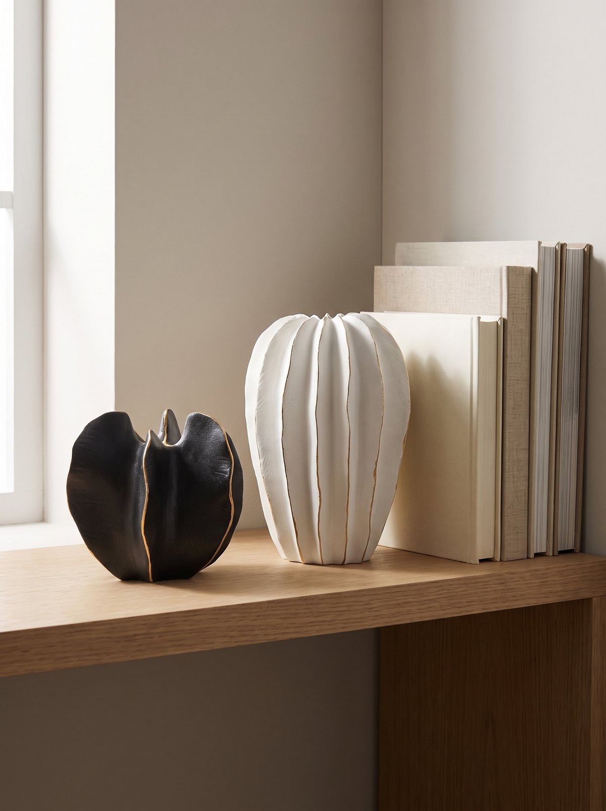 Petal vase on a shelf beside books