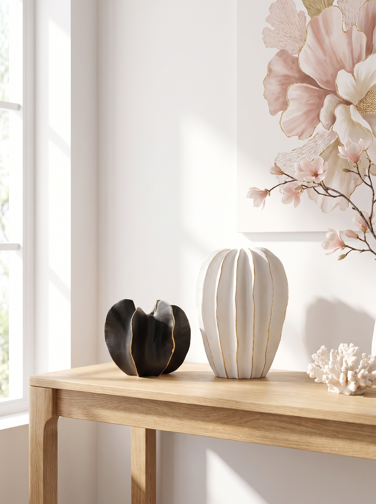 Petal shaped ceramic vase on a console table