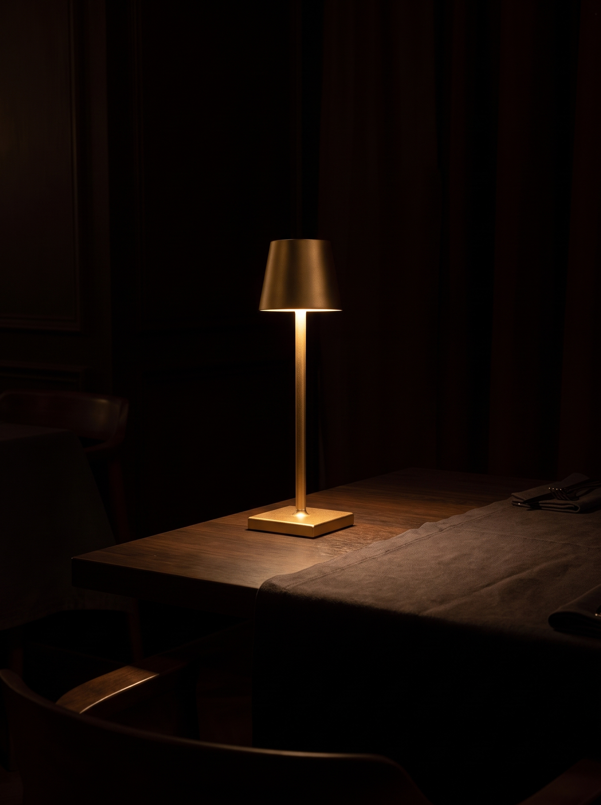 Cordless lamp dimmed low on a restaurant table