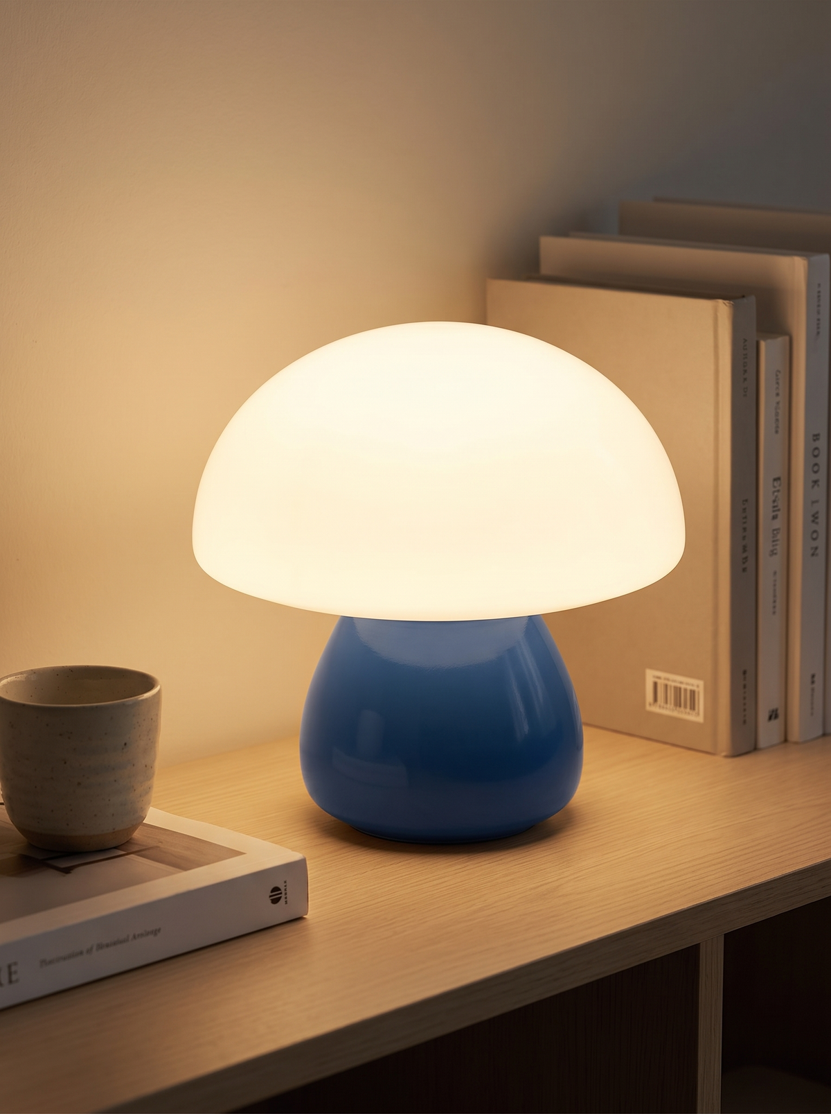 Close view of a lit mushroom lamp dome