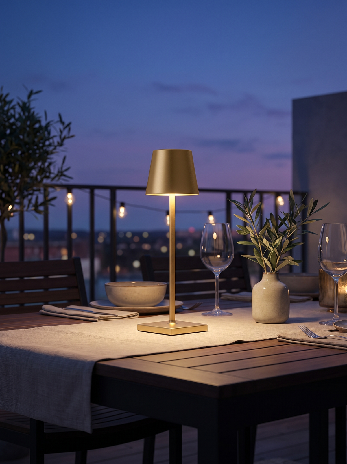 Black cordless lamp on a terrace table at dusk