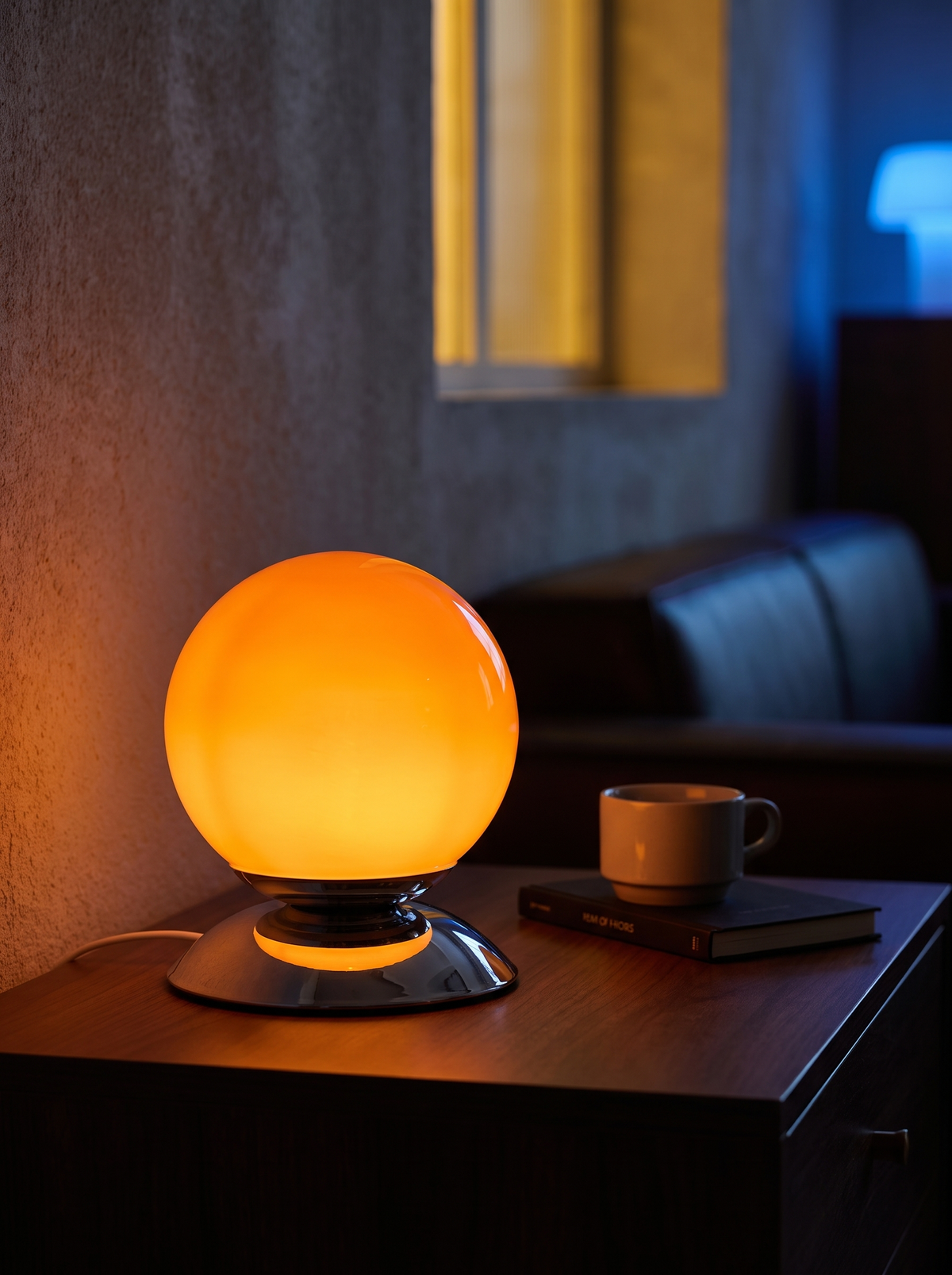 Close view of a glass globe lamp glowing warm
