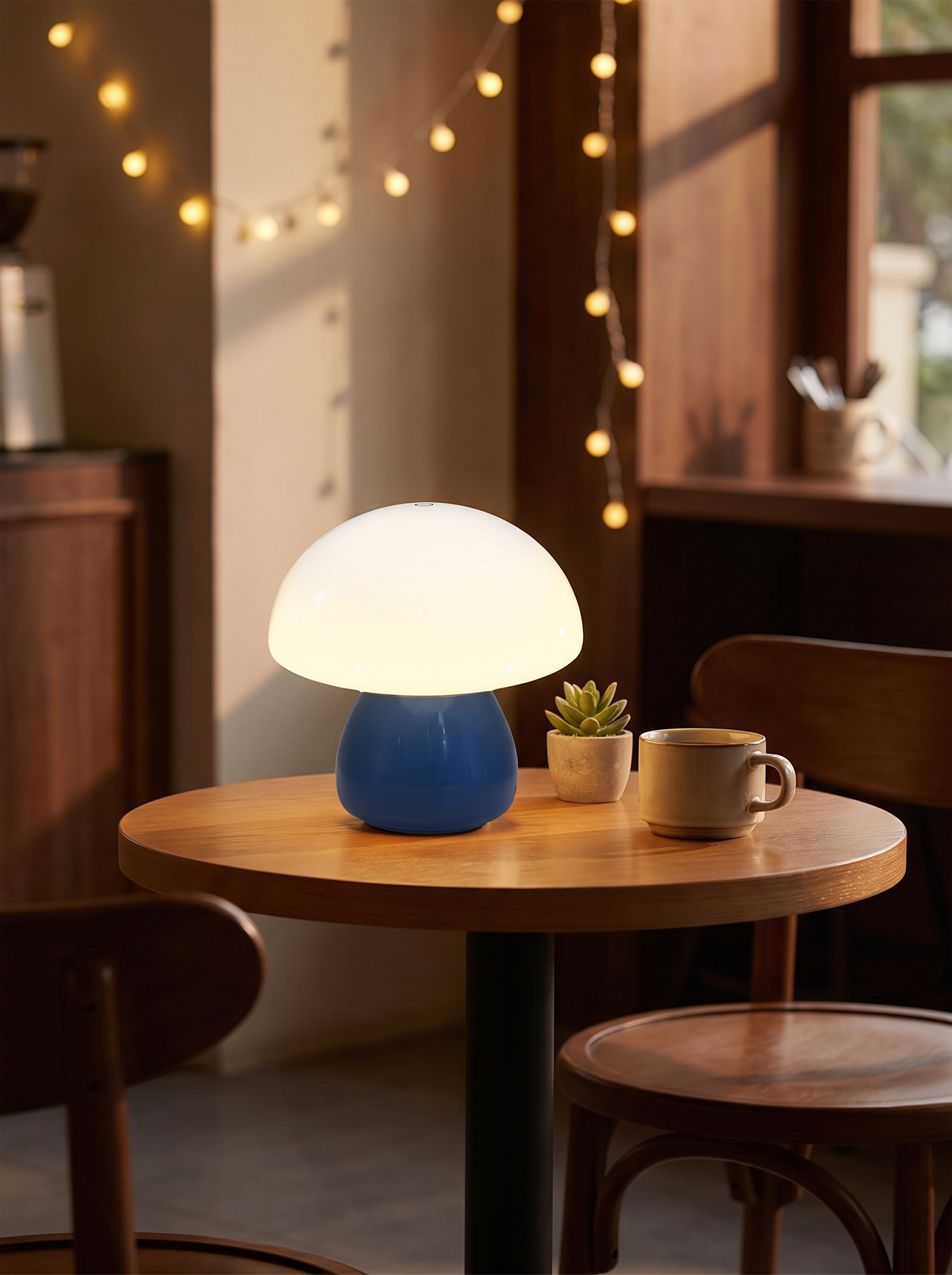 Cordless mushroom lamp on a cafe counter